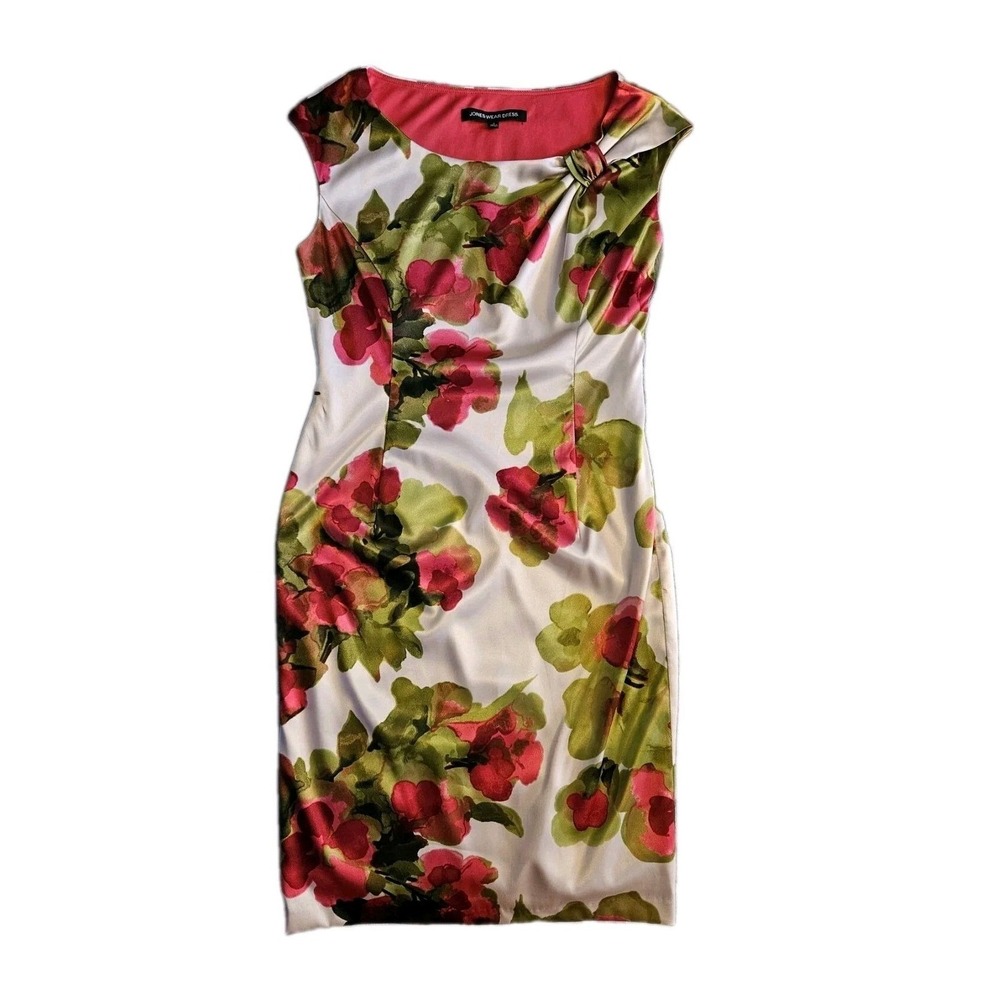 Jones Wear Dress Women 4 Pink Green Floral Sheath Boat Neck Knotted Shoulder